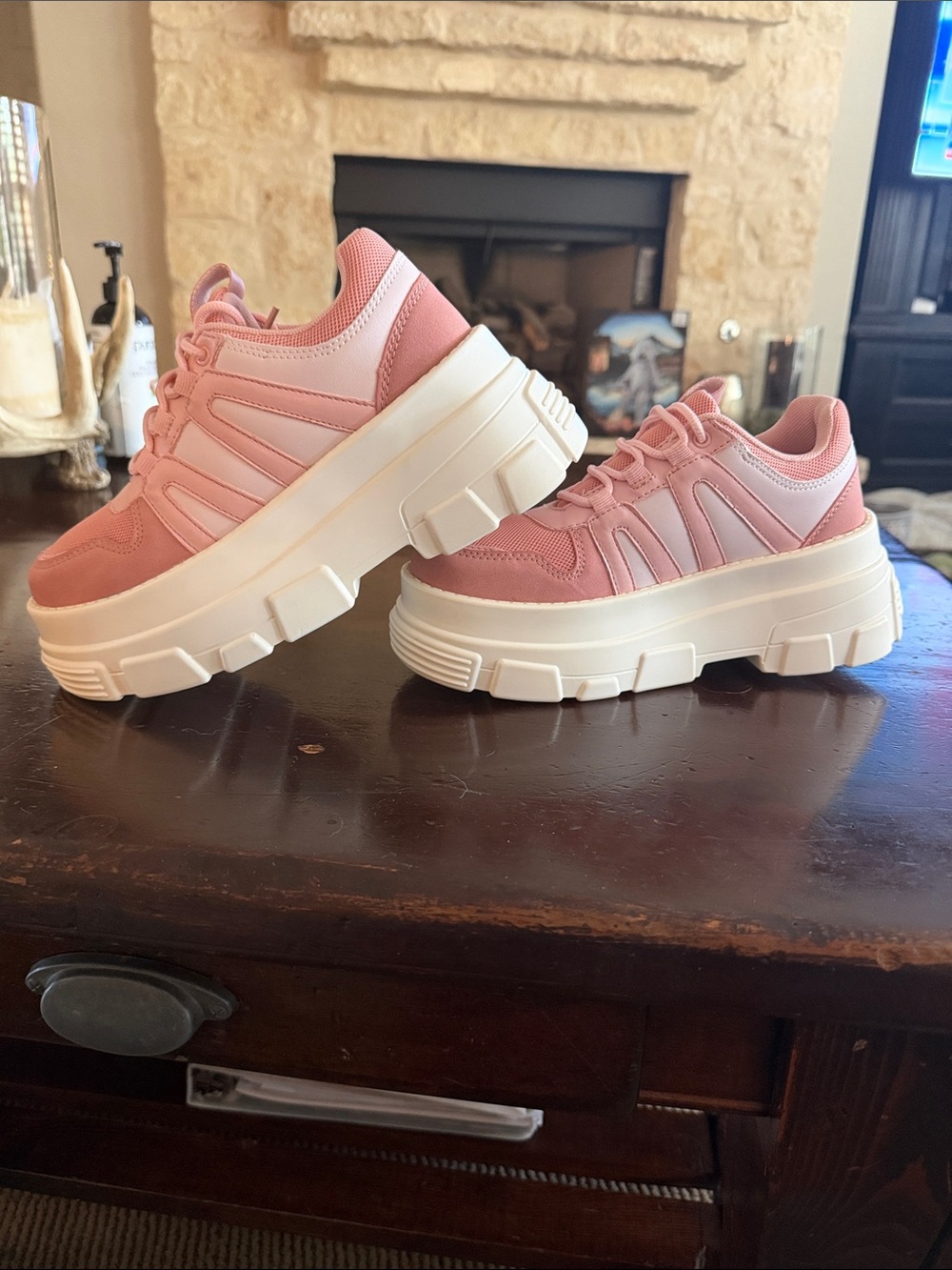 Chunky Burness Pink Platform Lace-Up Sneakers for Women